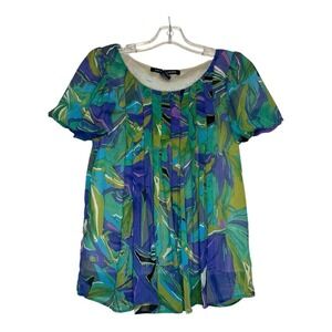 Antilia Femme Blouse Womens M Green/Blue Relaxed Fit Pleated Puff Sleeve Casual‎